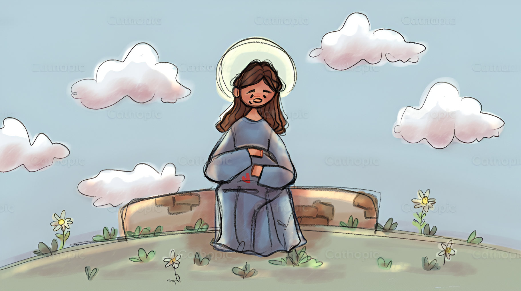 Sweet illustration of Virgin Mary pregnant with baby Jesus