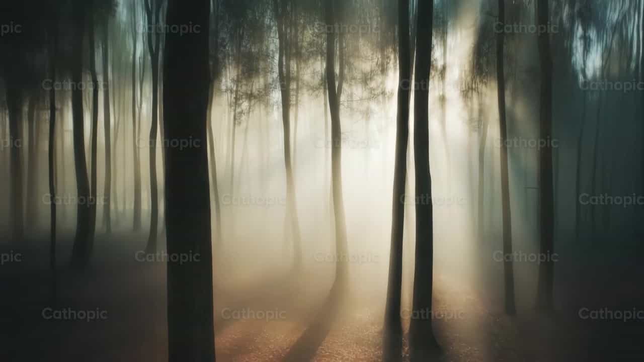 Bosque iluminado con luz divina - Banco de vídeos católicos