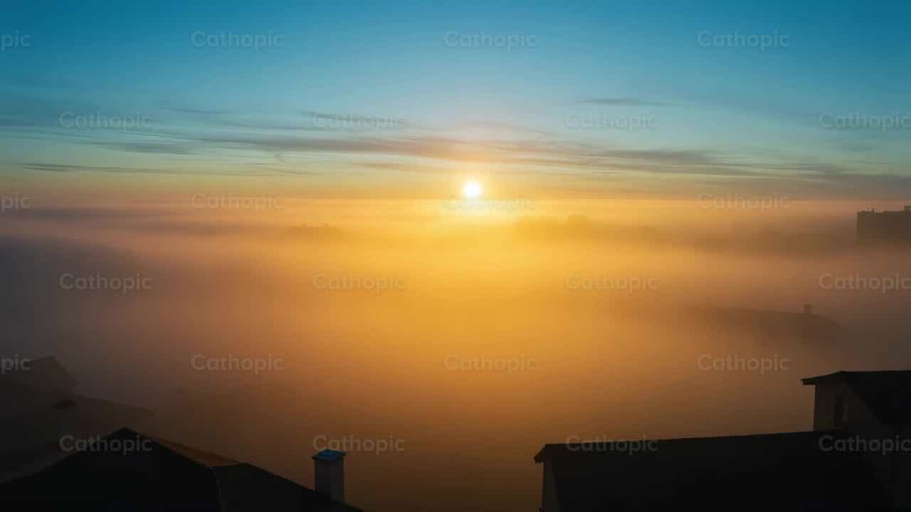 Aube dorée : ville et brume - Vidéos catholiques de stock