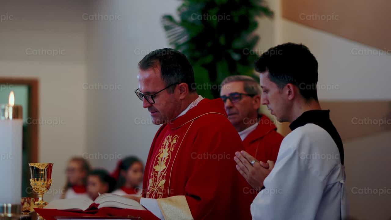 El sacerdote coloca la hostia en el cáliz - Banco de vídeos católicos - Fotografía por Thiago Damião P. Silva