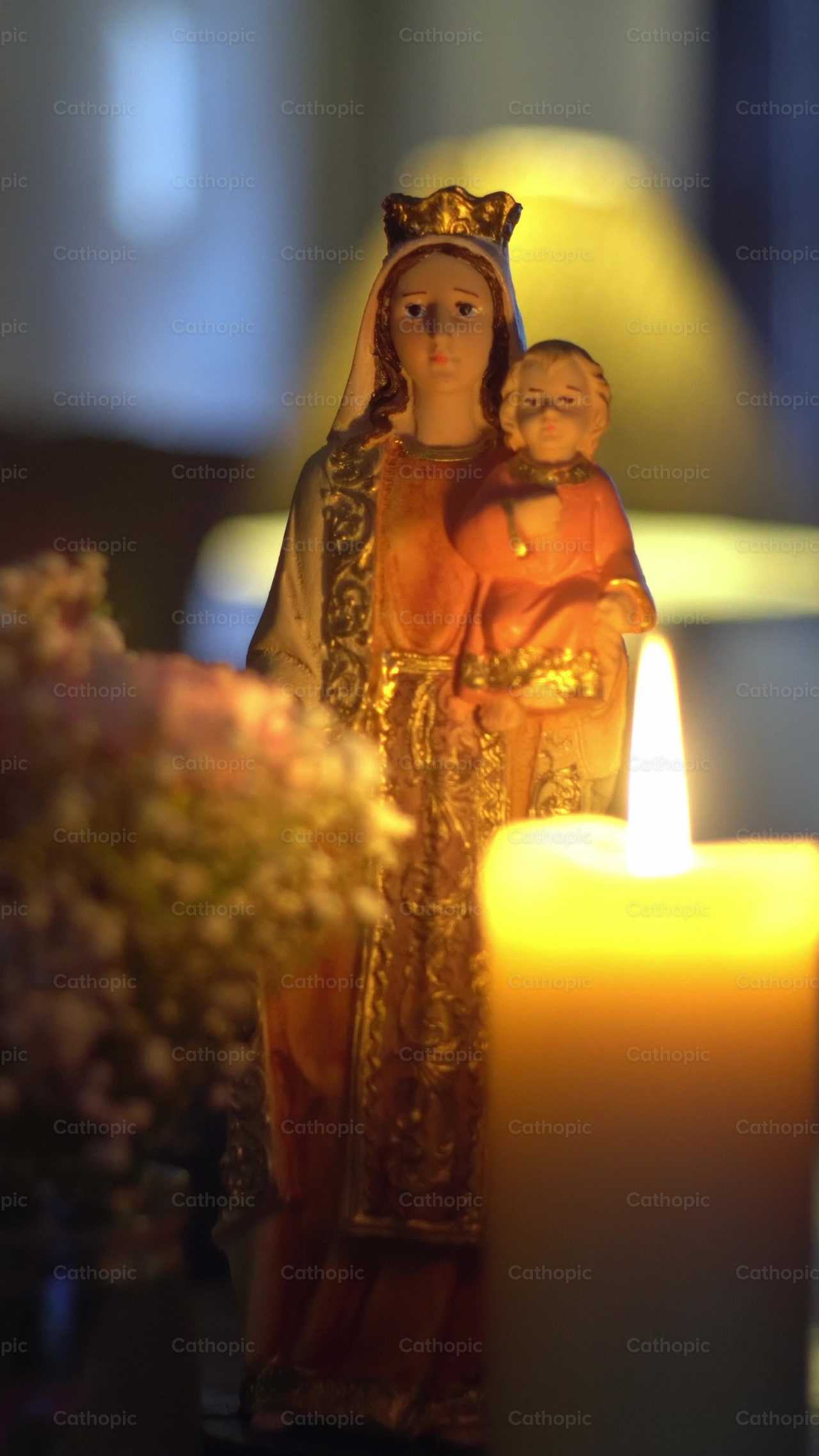 Nossa Senhora do Monte Carmelo com flores e uma vela - Vídeos católicos de stock