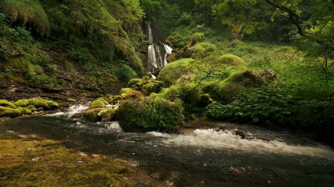 Pequeña cascada en un valle de montaña - Banco de vídeos católicos