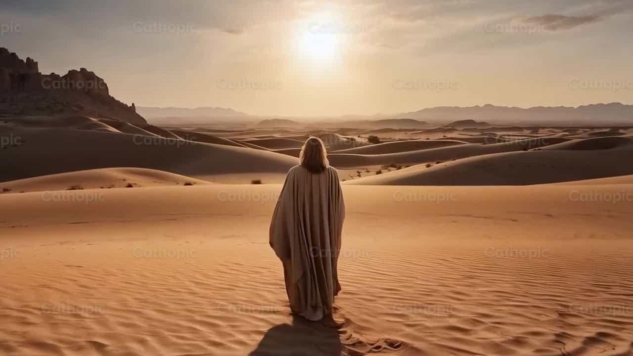 Jezus die door de woestijn loopt - Katholieke stockvideo's
