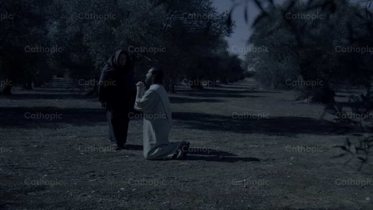 Jesús reza de rodillas al Padre - Banco de vídeos católicos - Fotografía por Cathopic