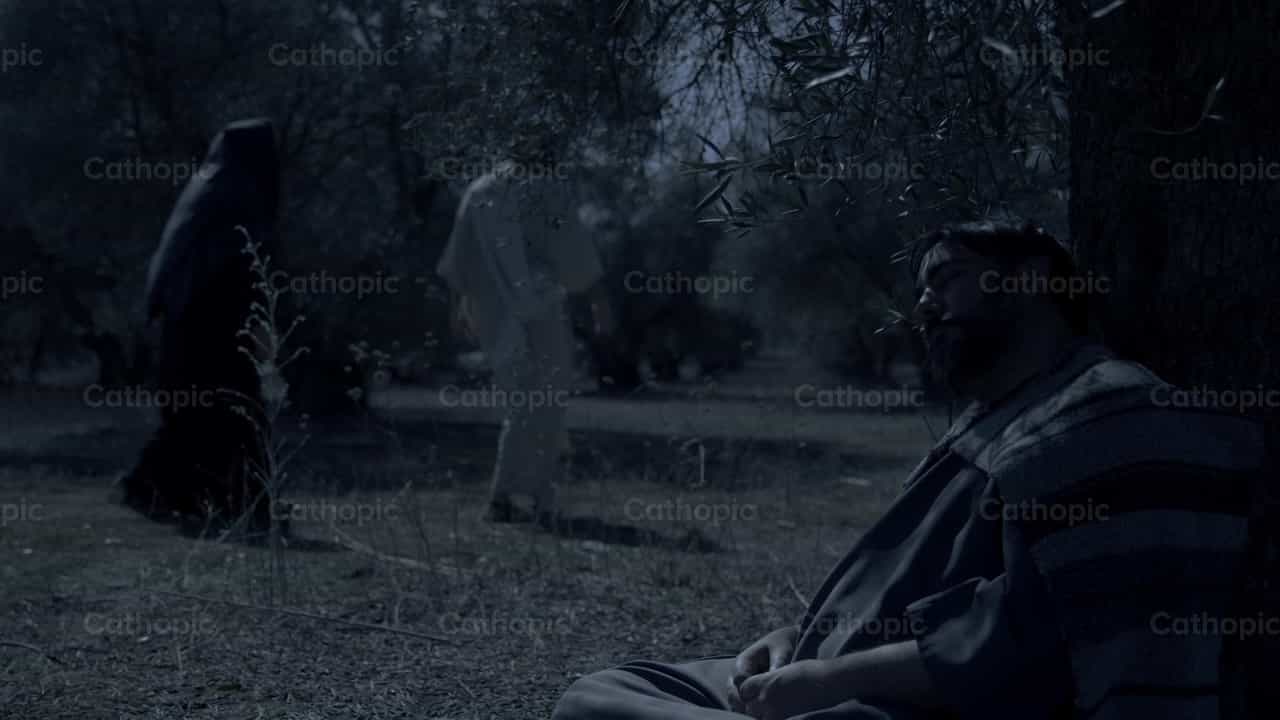 Jesús y el apóstol dormido, jardín de los olivos - Banco de vídeos católicos