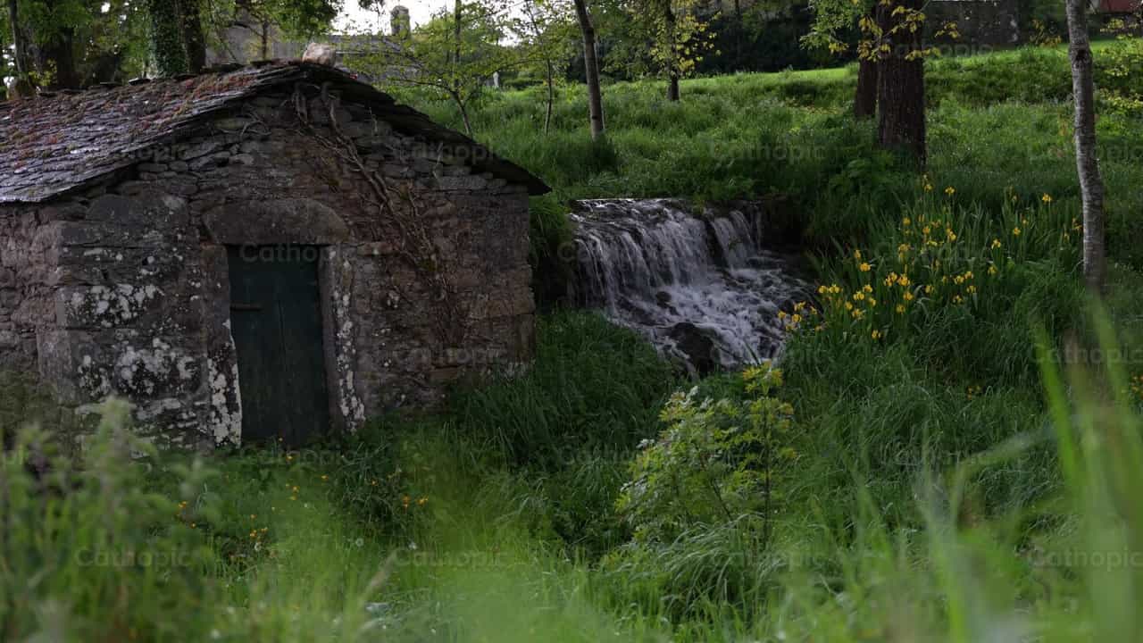 Waterfall and house in the forest - Catholic stock videos - Photo by Santiago de la Hoz