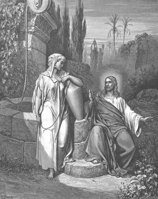 Jesus und die Frau von Samaria - Katholische Stockfotos
