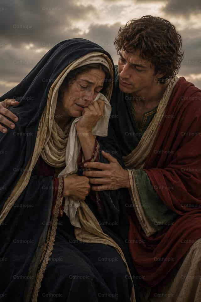O apóstolo João conforta a Virgem Maria - Imagens católicas de stock - Foto de Irene Maciá Doménech