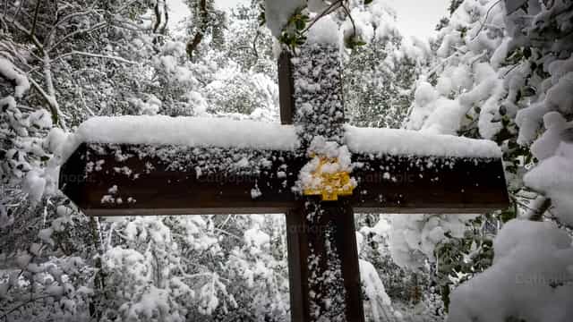 La croce nella neve - Immagini stock cattoliche