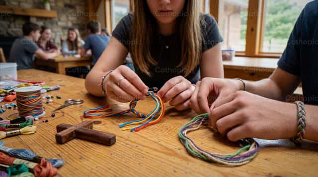 Adolescentes haciendo pulseras coloridas con un crucifijo sobre una mesa de madera - Banco de imágenes católicas - Fotografía por Noemí Márquez