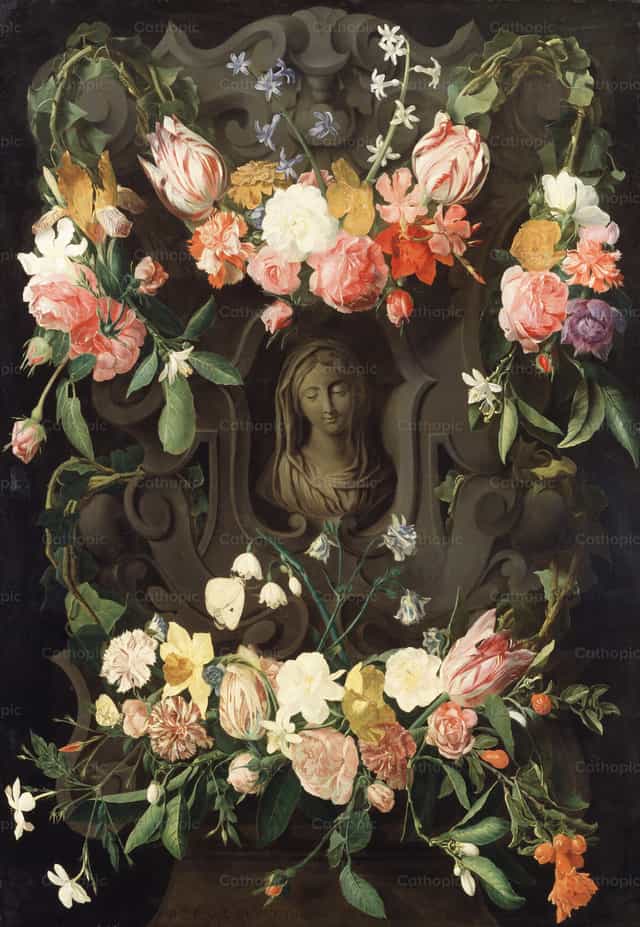 Blume um ein Kartuschenornament mit einem Bild der Jungfrau Maria - Katholische Stockfotos - Foto von Restored Christian Art