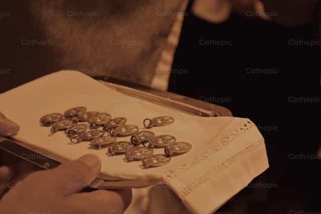 Tray of Miraculous Medals - Catholic stock images