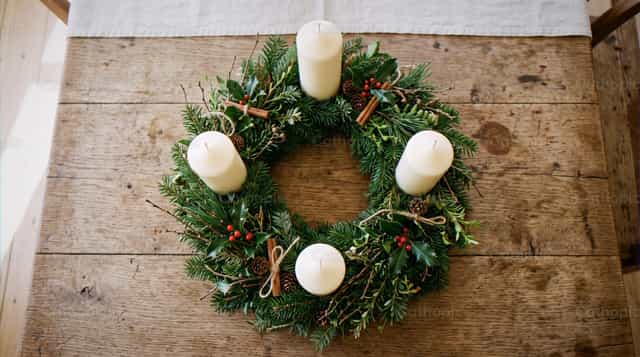Adventskranz mit vier weißen Kerzen, Immergrün und Beeren - Katholische Stockfotos - Foto von Enma Bastidas