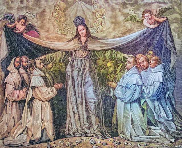 Ibinubuka ng Birheng Maria ang kanyang balabal sa ibabaw ng mga monghe - Mga Catholic stock image - Larawan ni Bible and Art