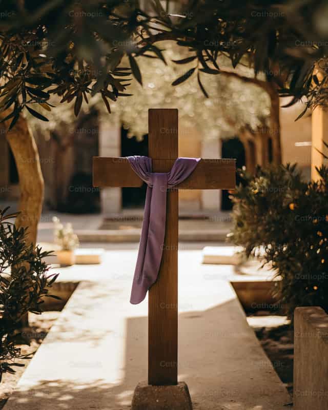 Kreuz mit violettem Umhang in einem stillen Garten - Katholische Stockfotos