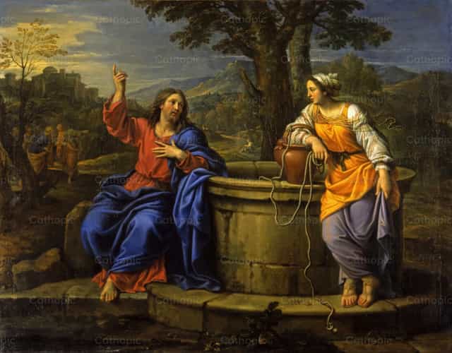 Cristo e la donna di Samaria - Immagini stock cattoliche
