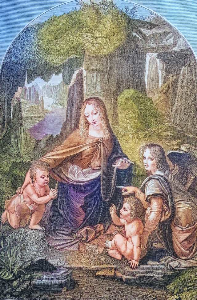 Religiöses Gemälde der Felsgrottenmadonna - Katholische Stockfotos