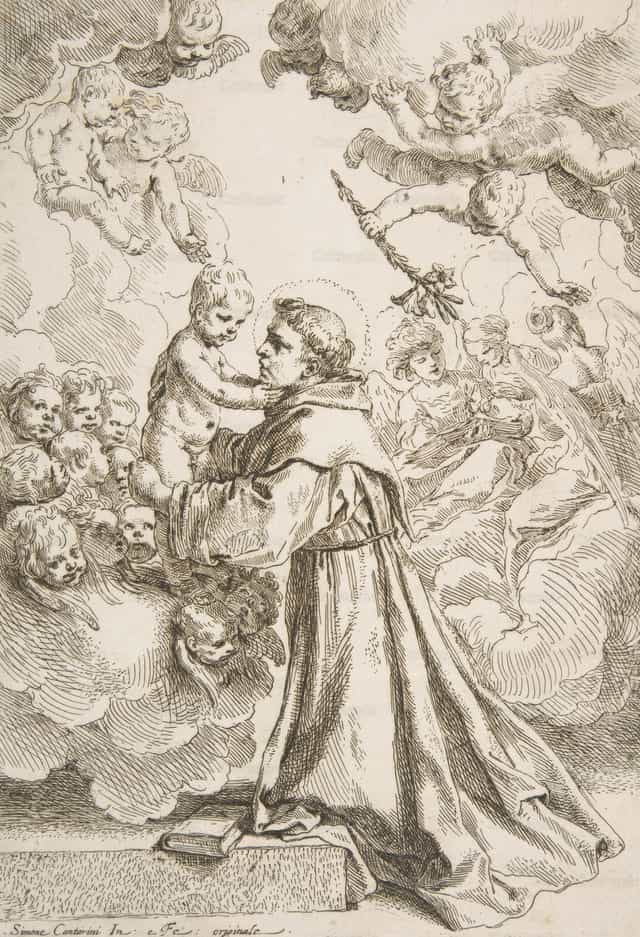 圣安东尼·帕多瓦在荣耀中敬拜圣婴耶稣 - 天主教图库图片 - 摄影： Restored Christian Art