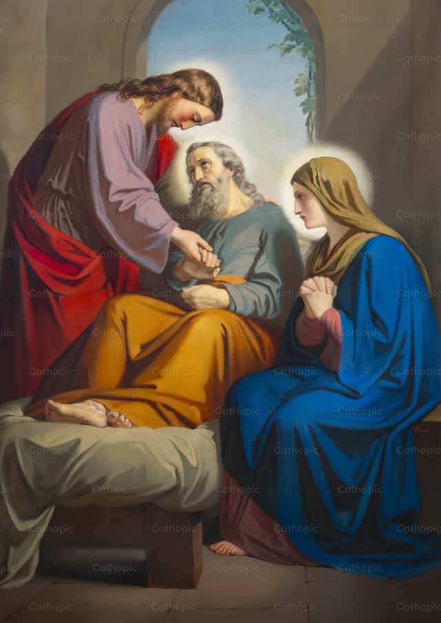 Morte di san Giuseppe circondato da Maria e Gesù - Immagini stock cattoliche - Foto di Joan Sutter