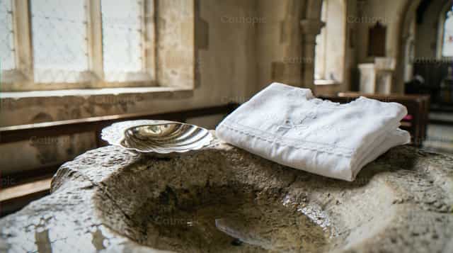 Binyagang lababo na may puting telang lino sa simbahang nasisinagan ng araw - Mga Catholic stock image