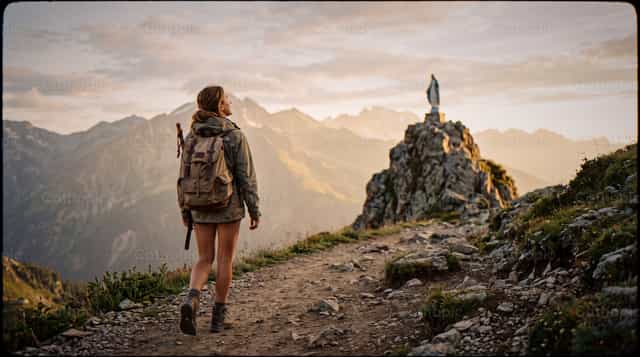 Mujer subiendo una montaña hacia un santuario lejano - Banco de imágenes católicas - Fotografía por Noemí Márquez