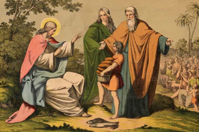 Pagpapakain sa 5,000 sa disyerto - Mga Catholic stock image