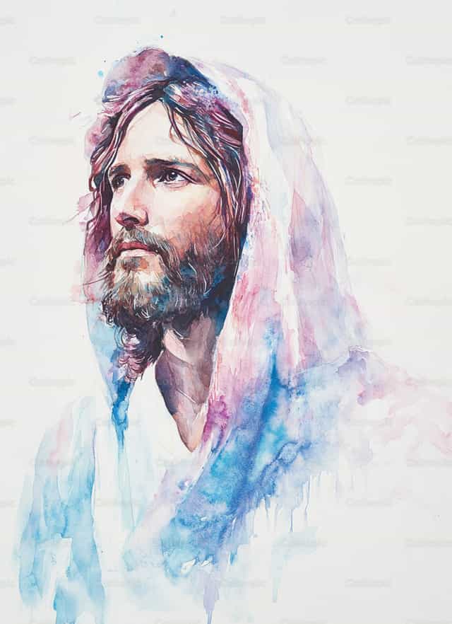 Visage de Jésus en aquarelle - Images catholiques de stock - Photo de Carolina BR