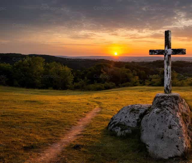 Holzernes Kreuz im Sonnenuntergang - Katholische Stockfotos - Foto von catholicmall.org