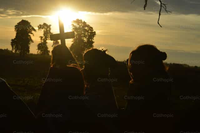 Sunset and Stations of the Cross - Catholic stock images