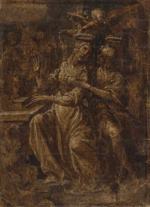 오르간 앞의 성녀 체칠리아와 성 발레리아노 - 가톨릭 스톡 이미지 - 사진 제공 Restored Christian Art