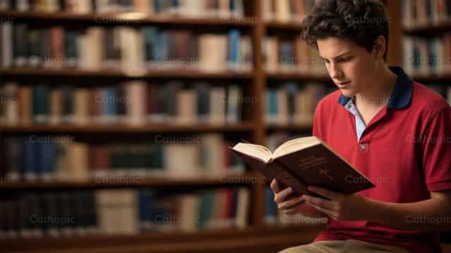 Der heilige Carlo Acutis liest inspirierende Bücher - Katholische Stockfotos