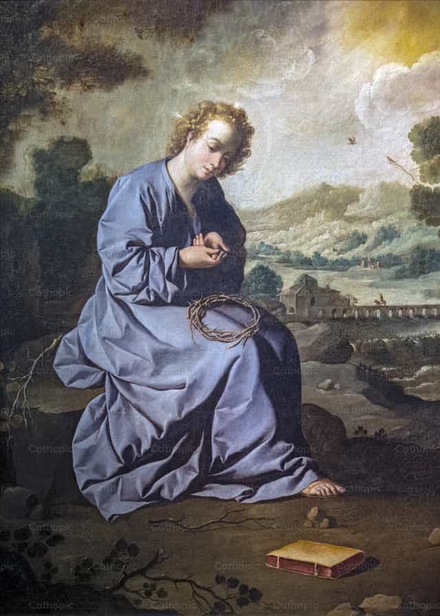 O Menino Jesus ferindo-se com uma coroa de espinhos - Imagens católicas de stock - Foto de Restored Christian Art