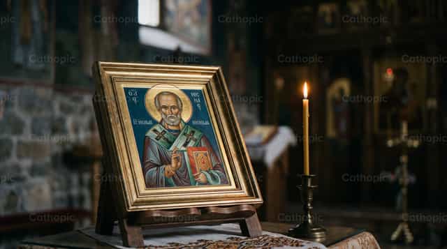 Icona di San Nicola di Bari con una candela in chiesa - Immagini stock cattoliche - Foto di Noemí Márquez