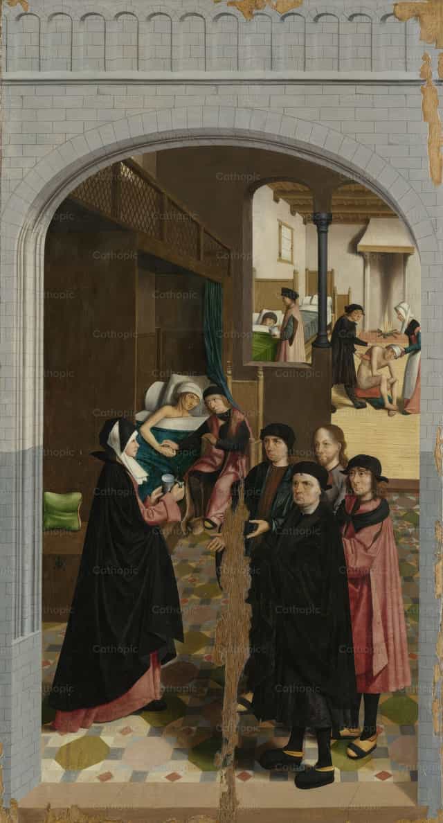 De zeven werken van barmhartigheid. 6 – De zieken bezoeken - Katholieke stockfoto's - Foto door Restored Christian Art