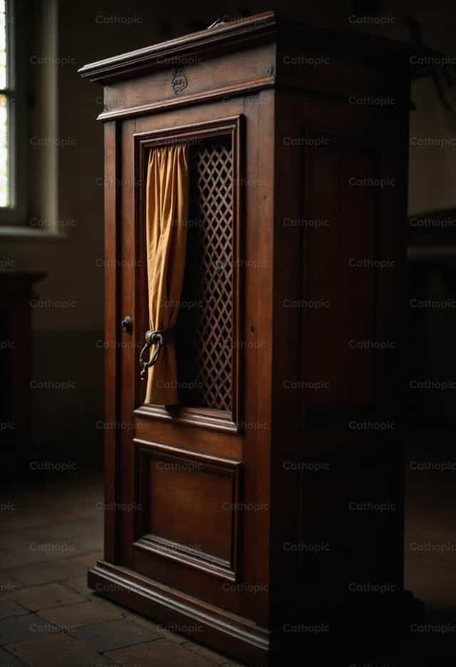 Altes Beichtgestühl in der Kirche - Katholische Stockfotos