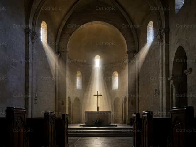 Triple luz natural sobre un altar de iglesia - Banco de imágenes católicas - Fotografía por David Pleše