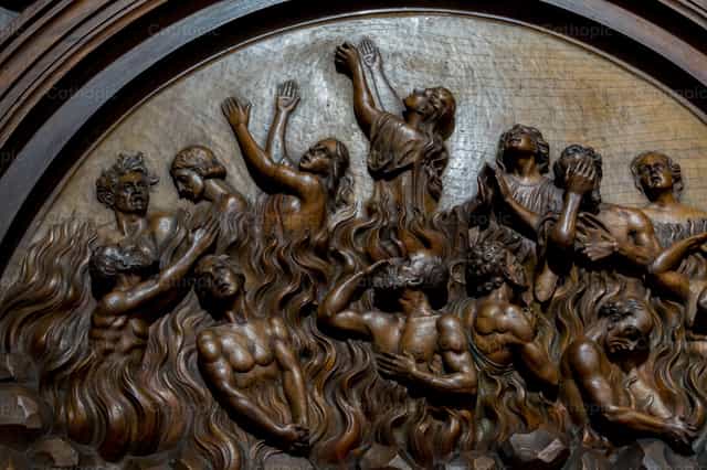 Anime nel fuoco del Purgatorio in attesa della salvezza - Immagini stock cattoliche - Foto di Joan Sutter