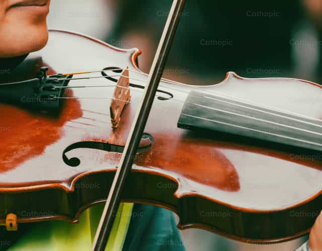 Músico tocando el violín durante una actuación en directo - Banco de imágenes católicas