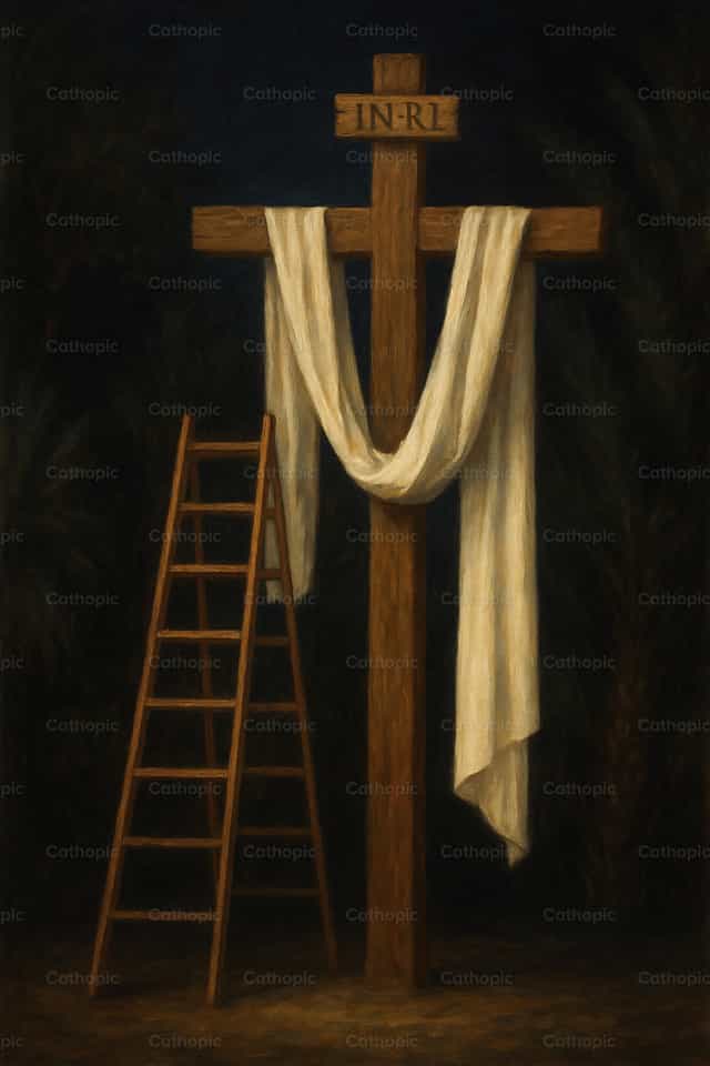 Cruz de Cristo com mortalha e escada - Imagens católicas de stock