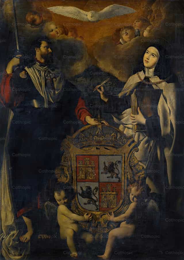 Santiago el Mayor con Santa Teresa de Ávila, el escudo de Castilla y León entre ambos - Banco de imágenes católicas - Fotografía por Restored Christian Art