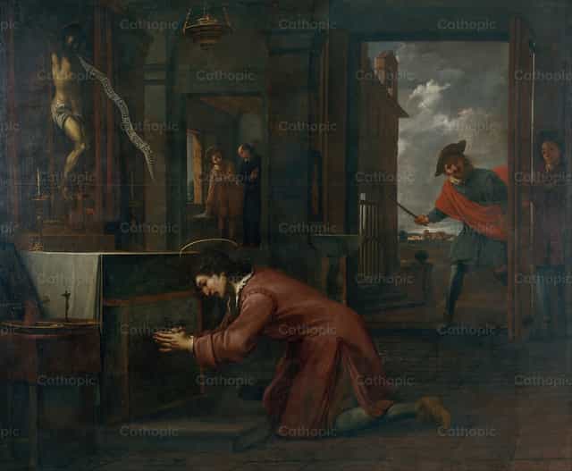 San Francisco recibe la orden del Crucifijo en San Damián de reparar la casa de Dios - Banco de imágenes católicas - Fotografía por Restored Christian Art