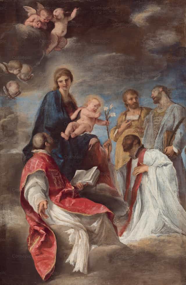 A Virgem e o Menino com os santos Inácio de Loyola, Francisco Xavier, Cosme e Damião - Imagens católicas de stock - Foto de Restored Christian Art