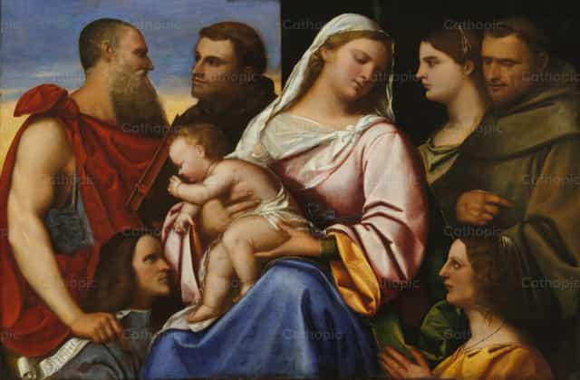성인들과 시주자들이 있는 성모자 - 가톨릭 스톡 이미지 - 사진 제공 Restored Christian Art