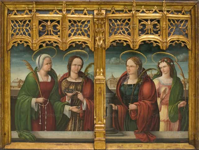 Santas Apolónia, Lúcia e Bárbara e outro Santo Mártir - Imagens católicas de stock