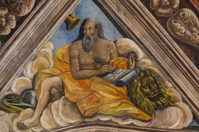 El evangelista Marcos con un león - Banco de imágenes católicas - Fotografía por Joan Sutter