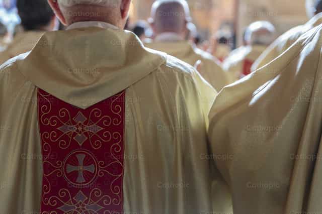 Sacerdotes con casullas en ceremonia litúrgica - Banco de imágenes católicas