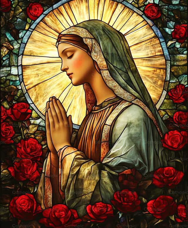 Vitral de Maria com rosas - Imagens católicas de stock - Foto de Carolina BR