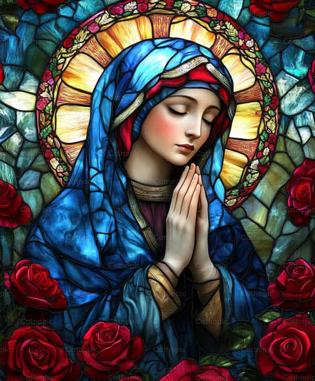 Vitral de Maria com rosas - Imagens católicas de stock - Foto de Carolina BR