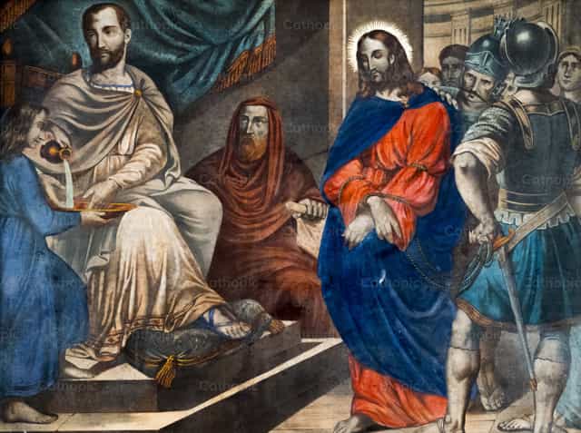 Pierwsza stacja: Jezus zostaje skazany na śmierć przez Piłata - Katolickie zdjęcia stockowe - Zdjęcie: Joan Sutter