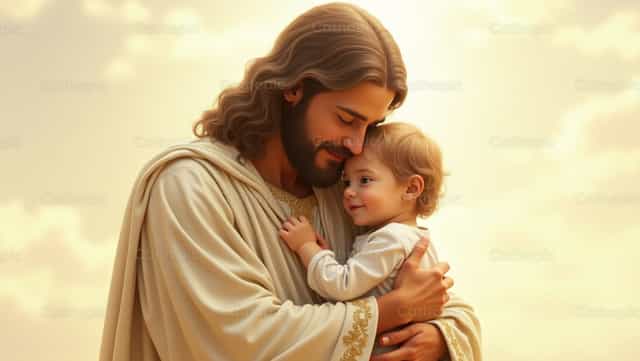 Jesus com o bebê no Céu - Imagens católicas de stock